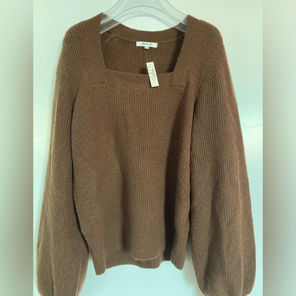 Madewell brown square neckline sweater. Sleeves slightly balloon. New Never worn